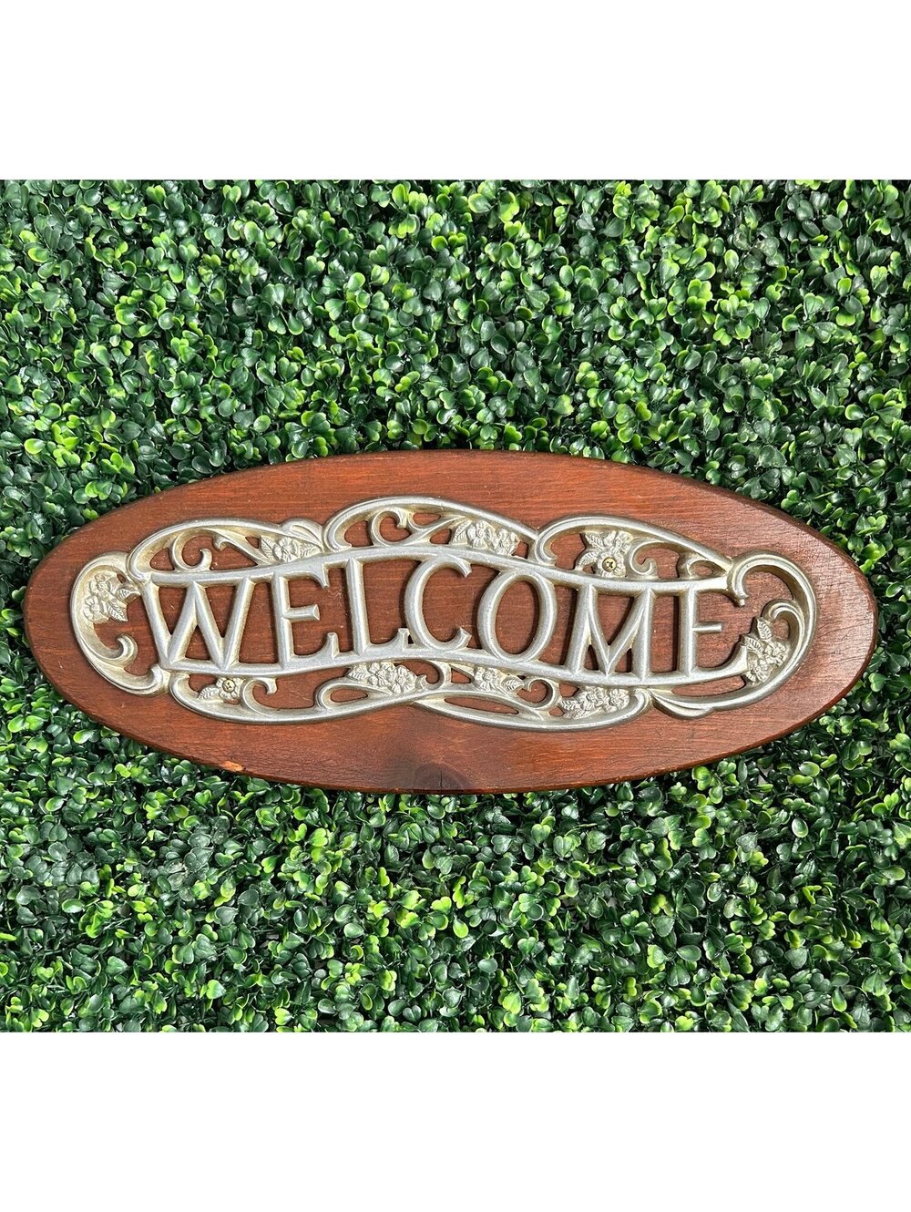Vintage Wood Welcome Sign Cast Metal Floral Scroll Wall Plaque